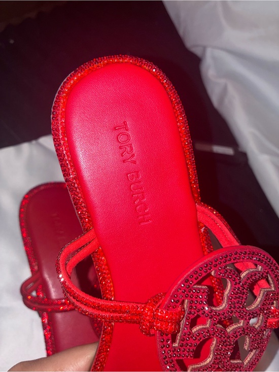 Tory Burch Shoes - Red Crystal Logo Slide Sandals